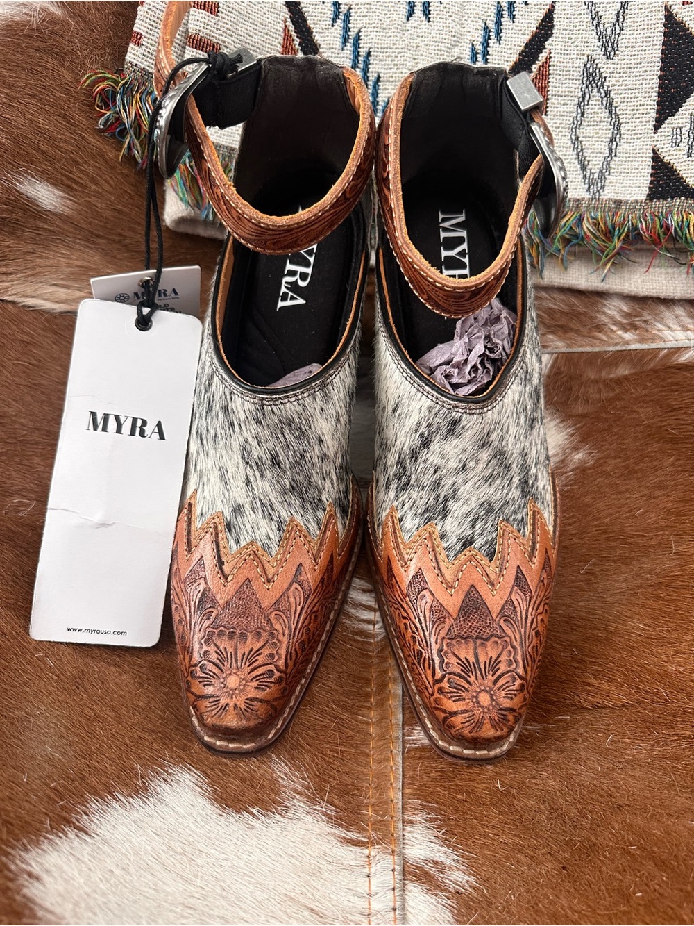 Myra Bag Brown Tooled Leather & White Speckled Hair-On-Hide Western Ankle Boots